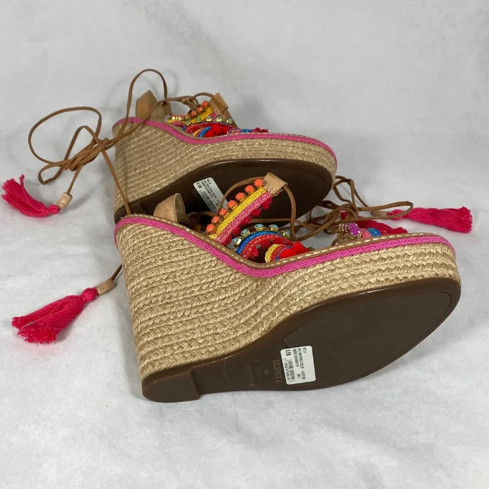 NEW Schutz Mella Espadrille Wedge Heel Sandal Pom Pom Jeweled 8.5